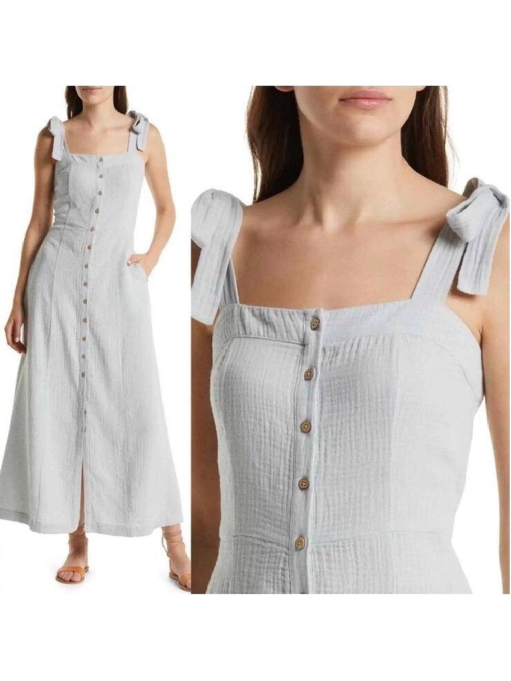 Faherty Organic Cotton Gauze Maxi Dress Pale Blue Tie Strap Button Front Medium
